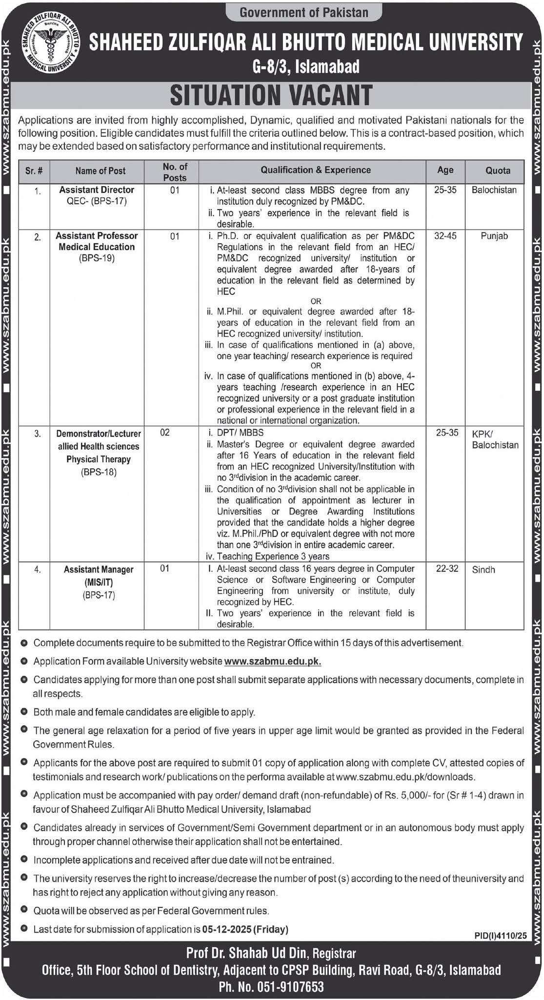 Official newspaper advertisement showing latest Medical University Job Vacancies at Shaheed Zulfiqar Ali Bhutto Medical University (SZABMU) in Islamabad.