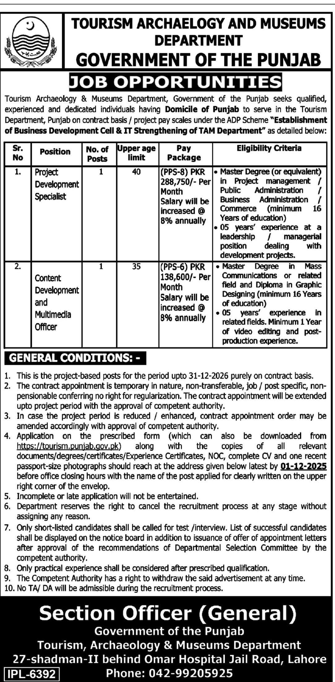 Tourism Archaeology Museums Jobs 2025 Advertisement Punjab