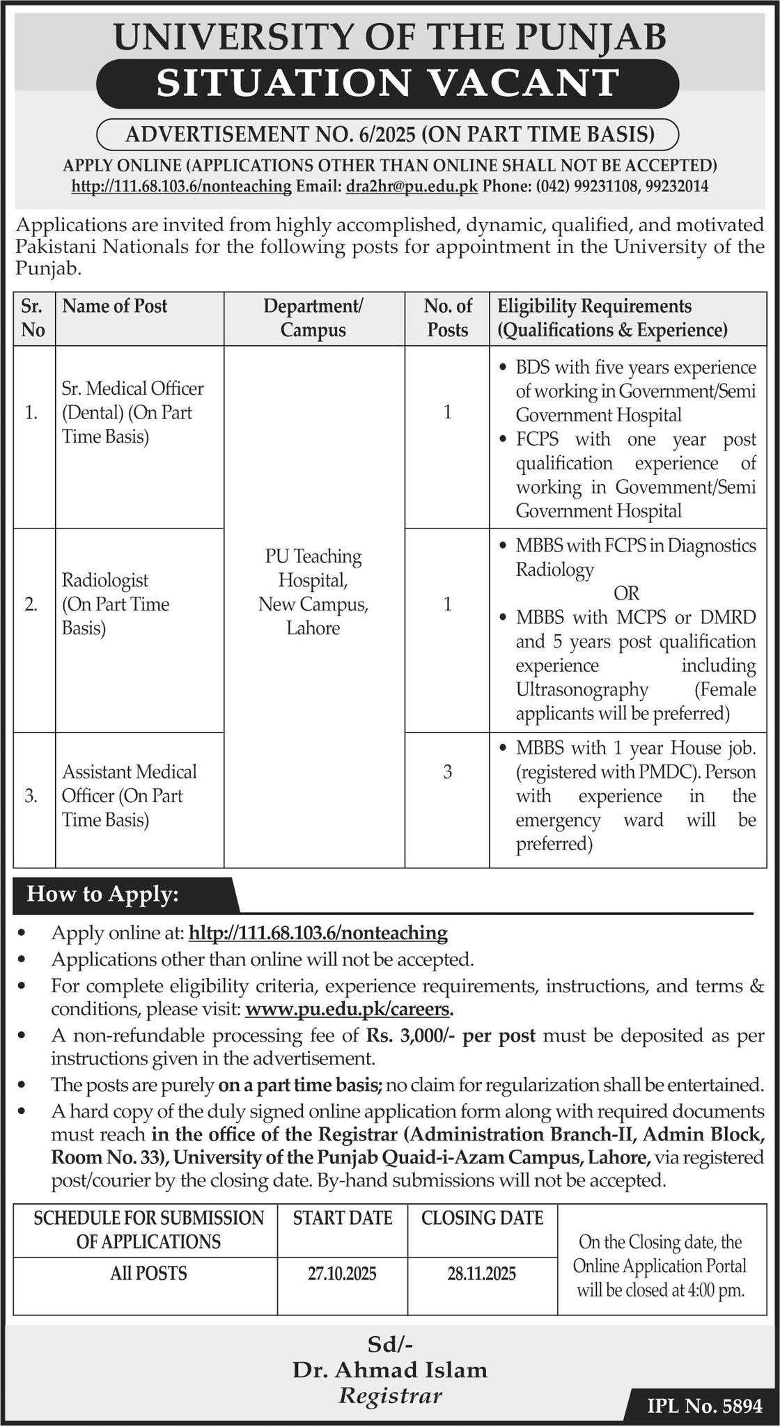 University of the Punjab Jobs 2025 advertisement showing part-time vacancies and eligibility details