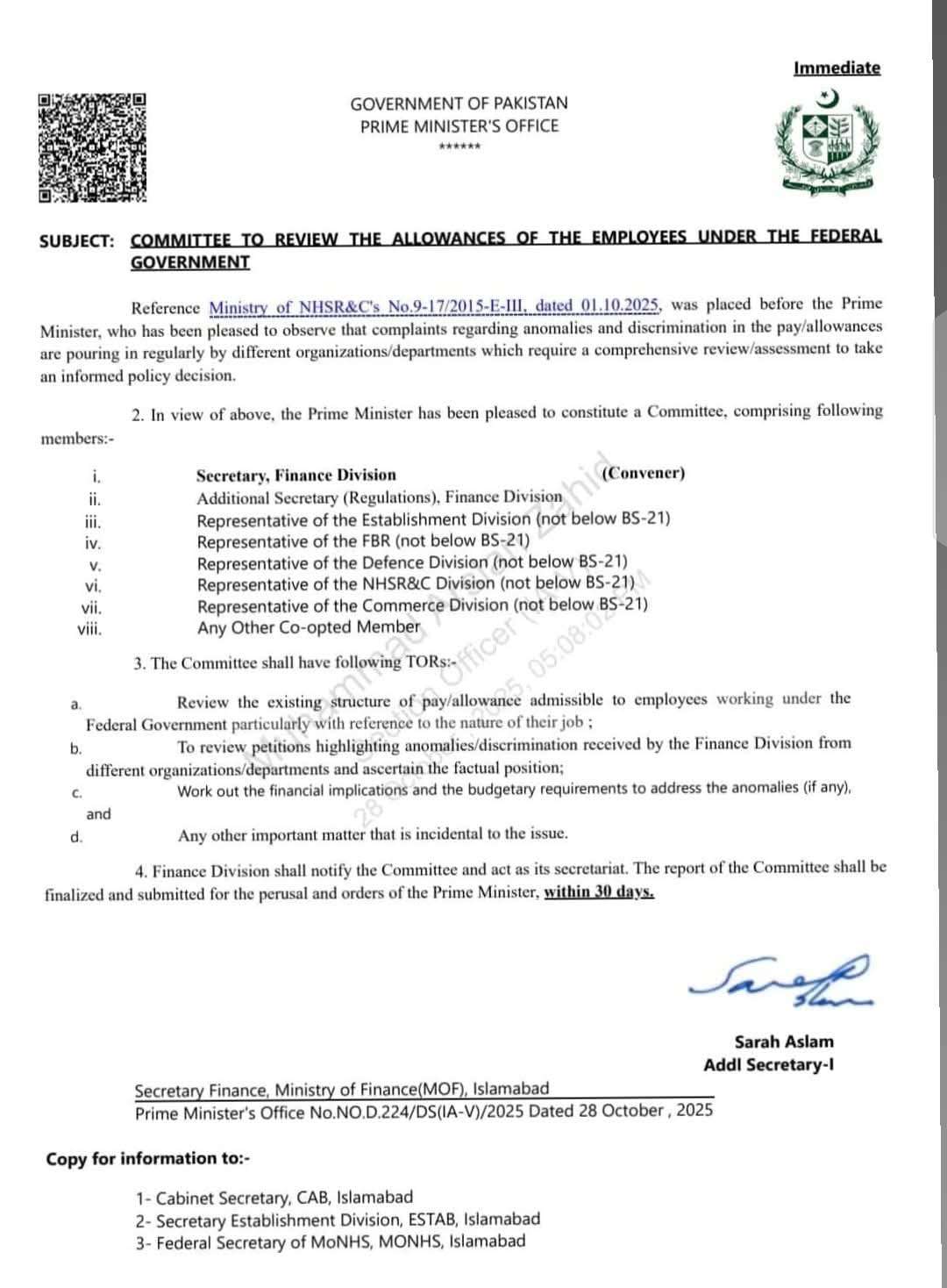 Constitution of Committee to Review Allowances for Federal Govt Employees 