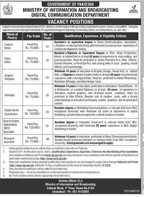 Ministry Information Broadcasting Vacancies advertisement showing multiple technical posts