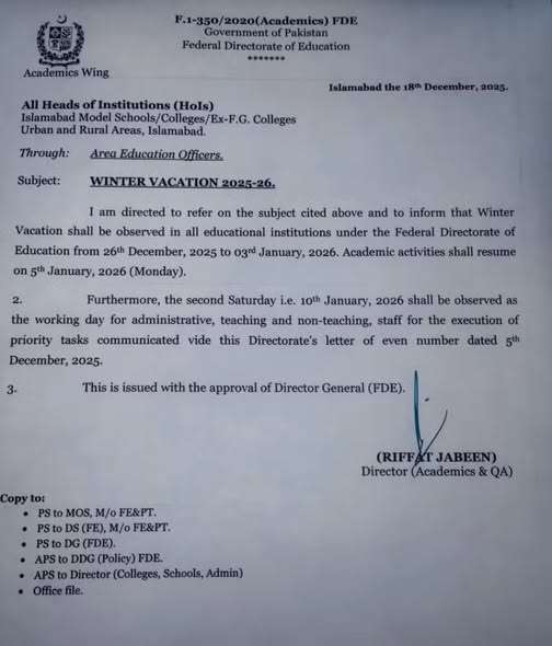 Federal Directorate Education Winter vacation 2025–26 notification issued by FDE Islamabad