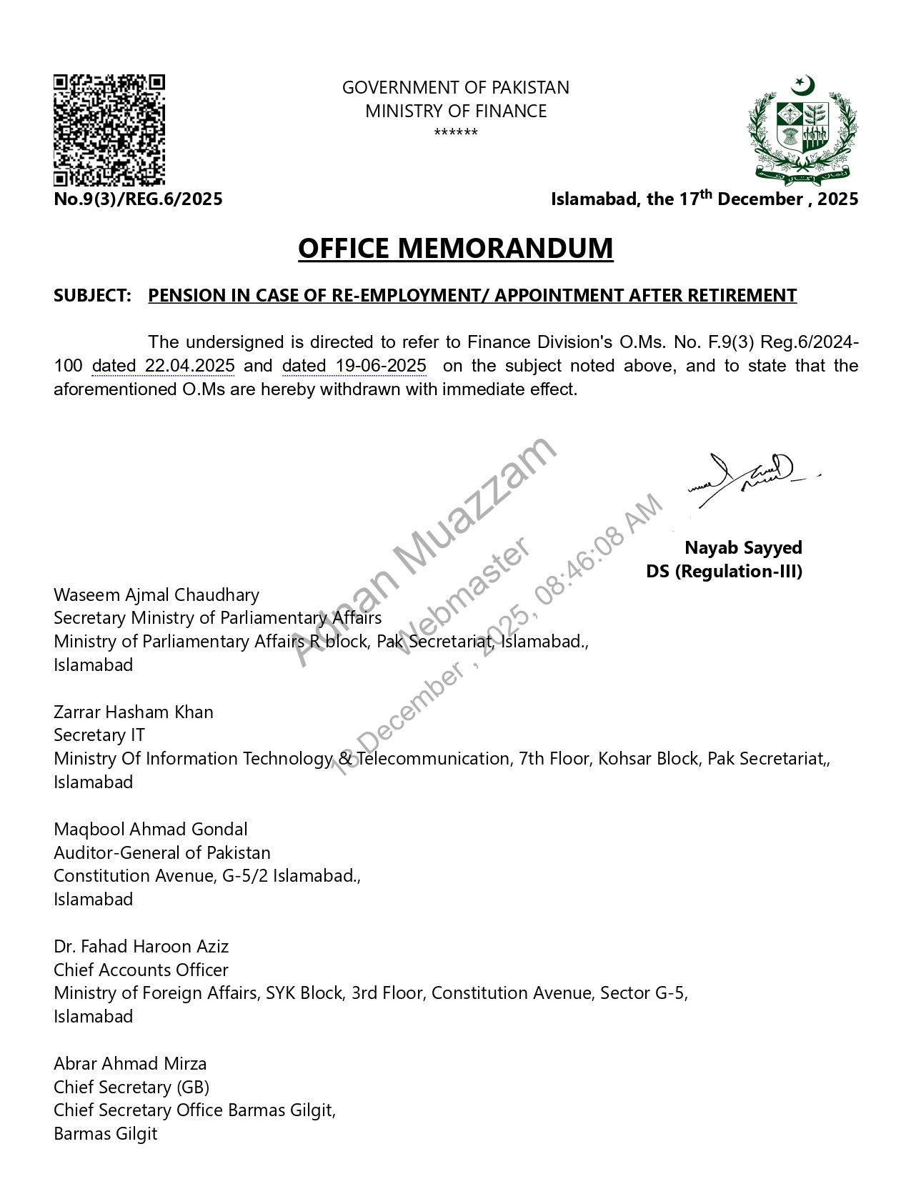 Withdrawal Notification Pension in Case of Job after Retirement 