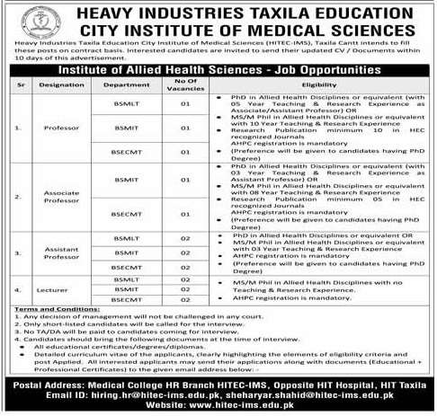 HITEC IMS Jobs 2025 advertisement for Allied Health Sciences teaching vacancies