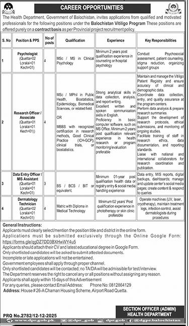 Balochistan Health Vacancies 2025 details positions, posts, qualifications, and responsibilities