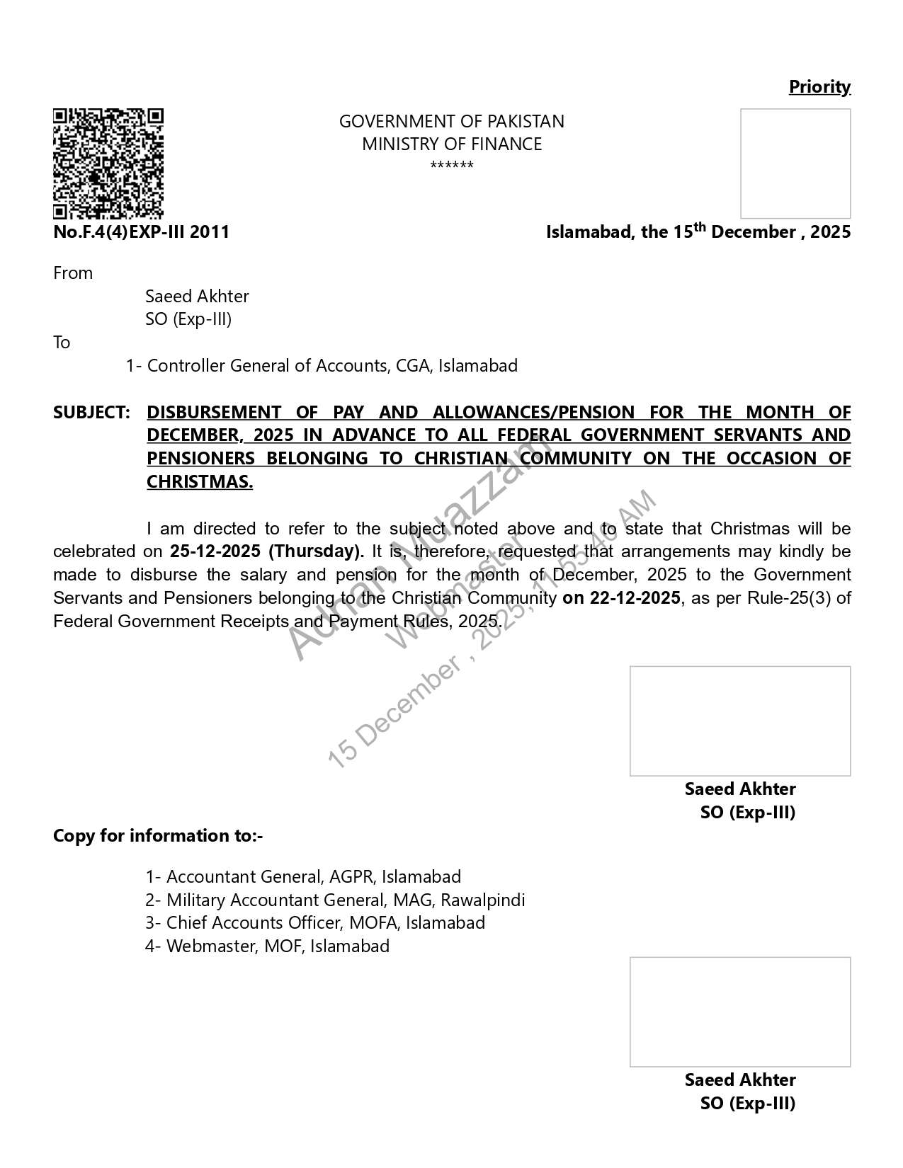 Disbursement Advance Salary on 22 Dec 2025