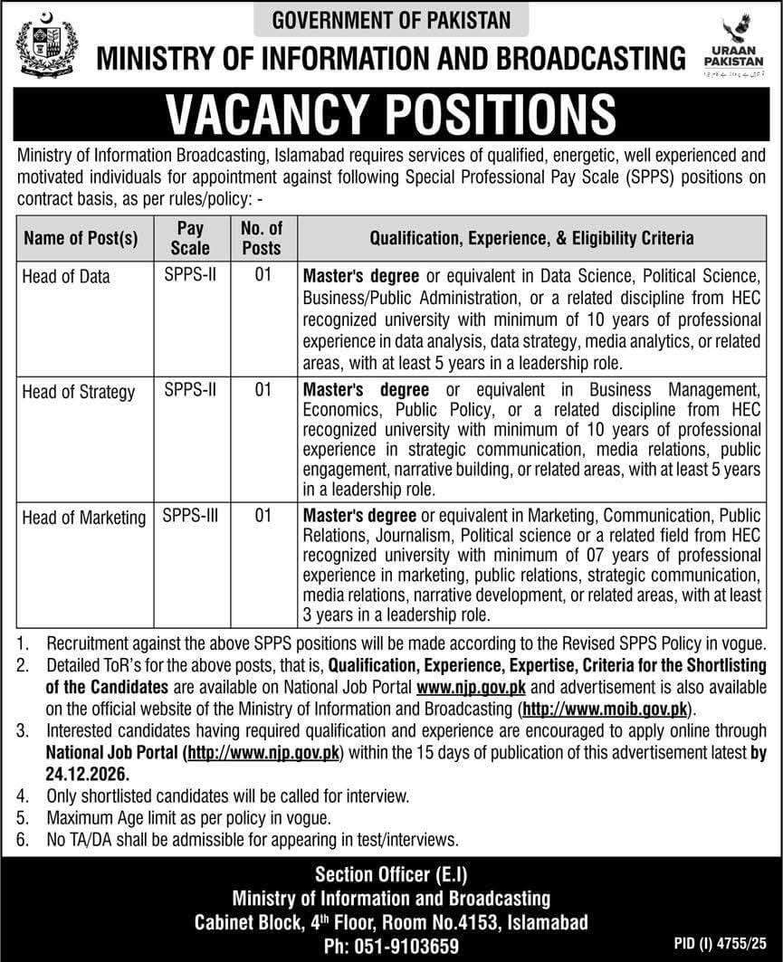Ministry Broadcasting Vacancies Pakistan official advertisement image