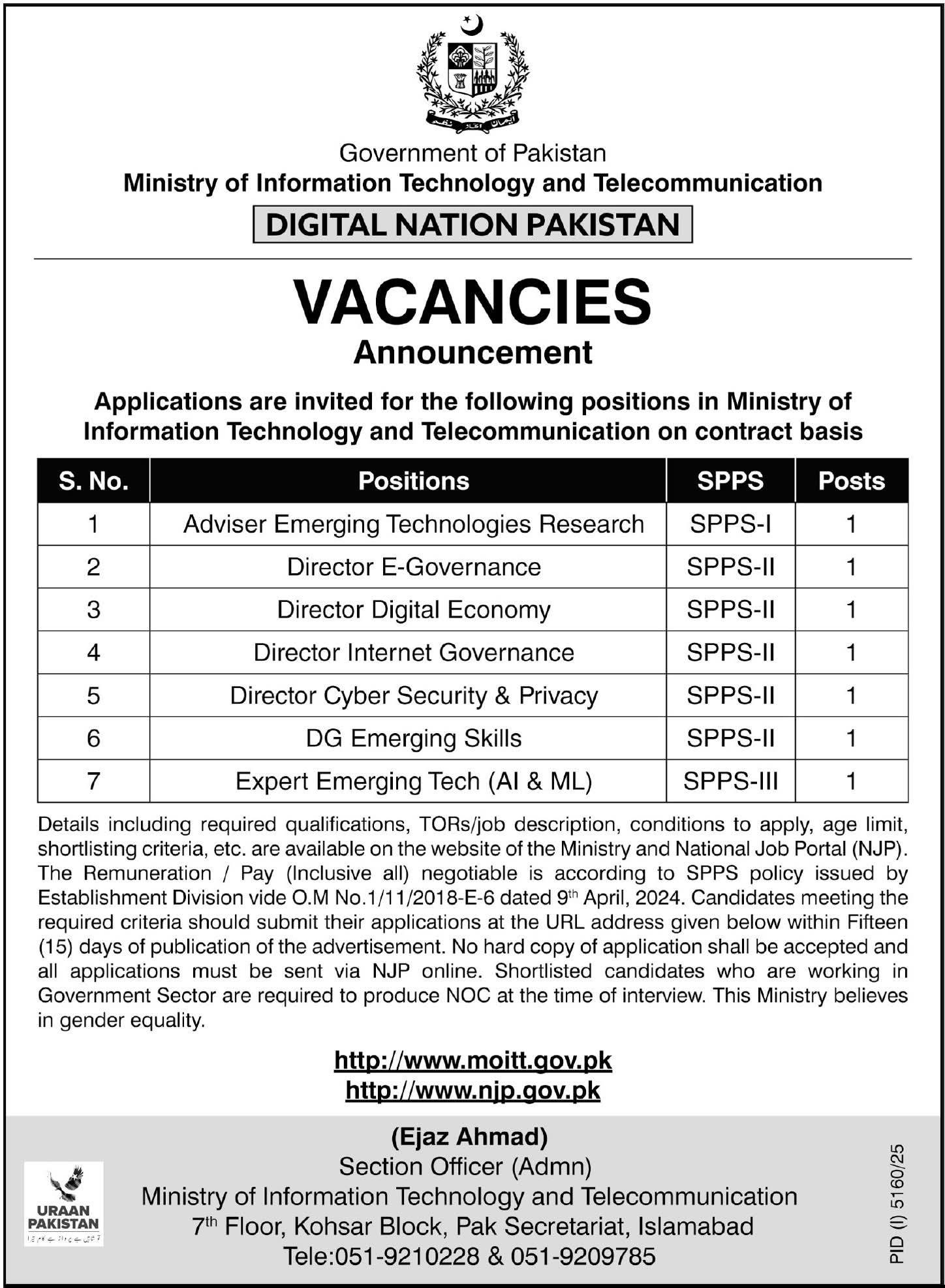 Ministry of Information Technology Vacancies announced by Government of Pakistan under Digital Nation Pakistan