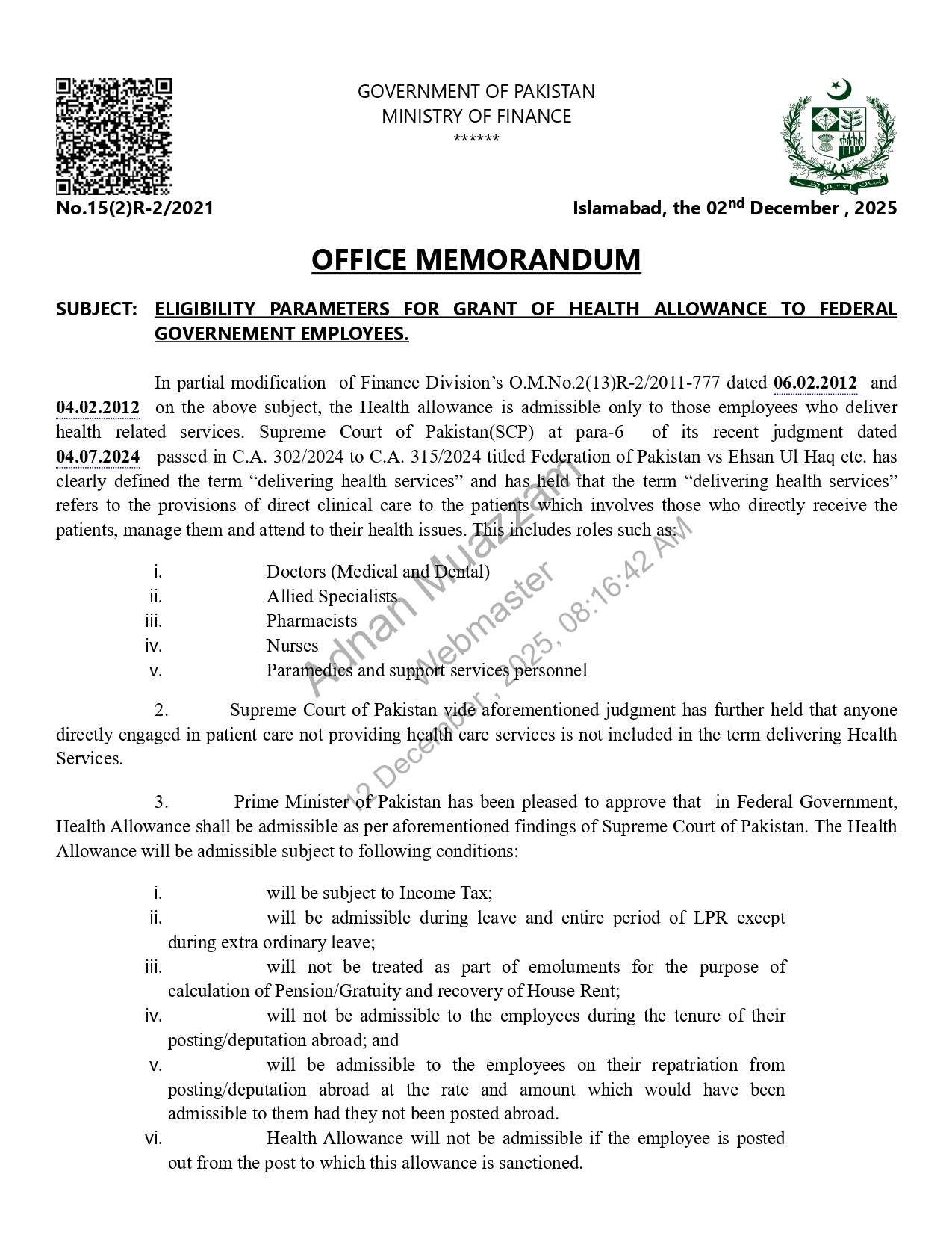 Clarification Eligibility for Health Allowance the Federal Government employees