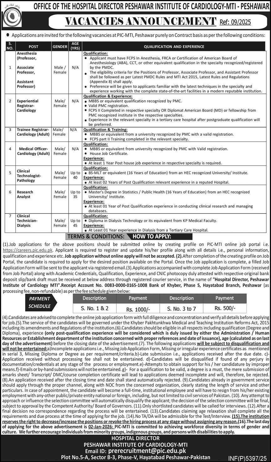 PIC-MTI Peshawar Vacancies official advertisement issued by Peshawar Institute of Cardiology-MTI