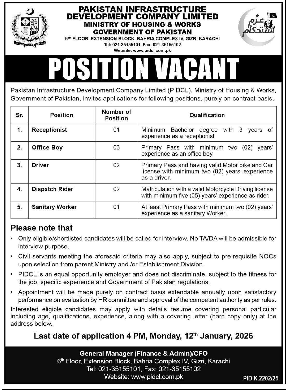 Pakistan Infrastructure Development Jobs advertisement by PIDCL Government of Pakistan