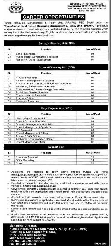 Punjab Resource Management Vacancies advertisement by Planning & Development Board Punjab