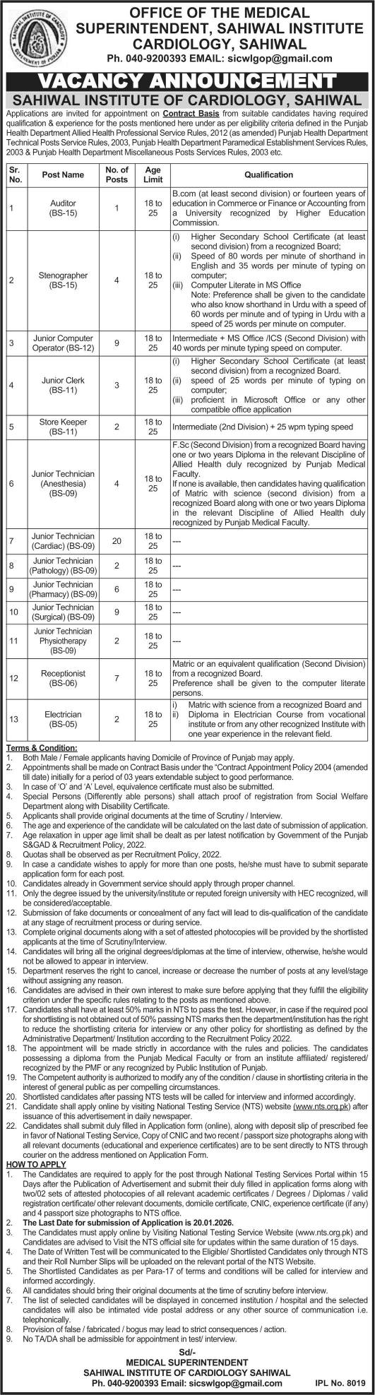 Sahiwal Institute Cardiology Vacancies official advertisement image