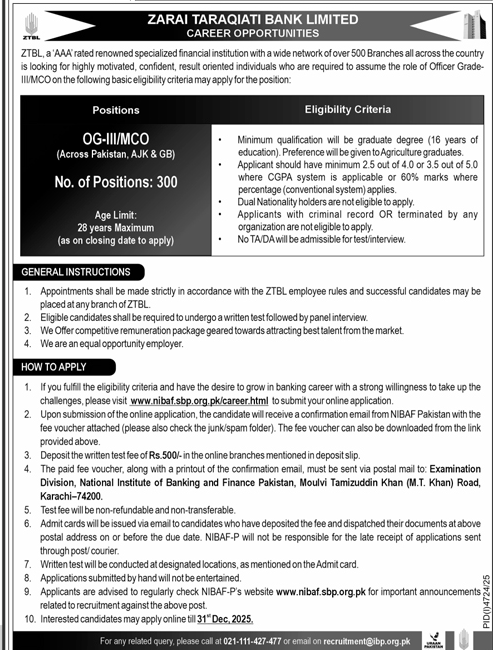 300 Vacancies in Ztbl Og-Ii / Mco Jobs Advertisement 2025