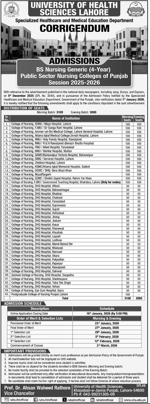 Apply for 6100 Seats BS Nursing Generic (4 Years) 2025-26