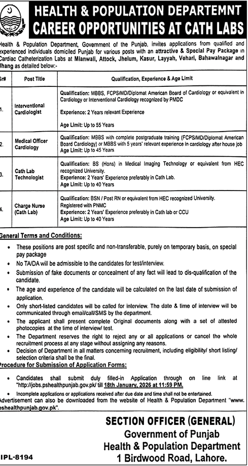 Career Opportunities Cath Labs announced by Health & Population Department Punjab