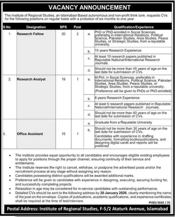 Institute of Regional Studies Vacancies official advertisement