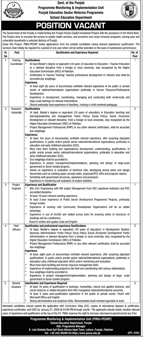 PMIU Punjab jobs 2026 official advertisement by Education Department