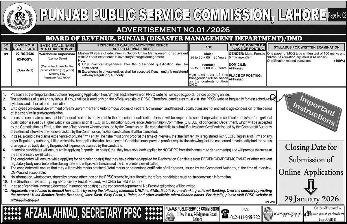 Punjab Food Authority Vacancies 2026 through PPSC Advertisement No 01/2026 