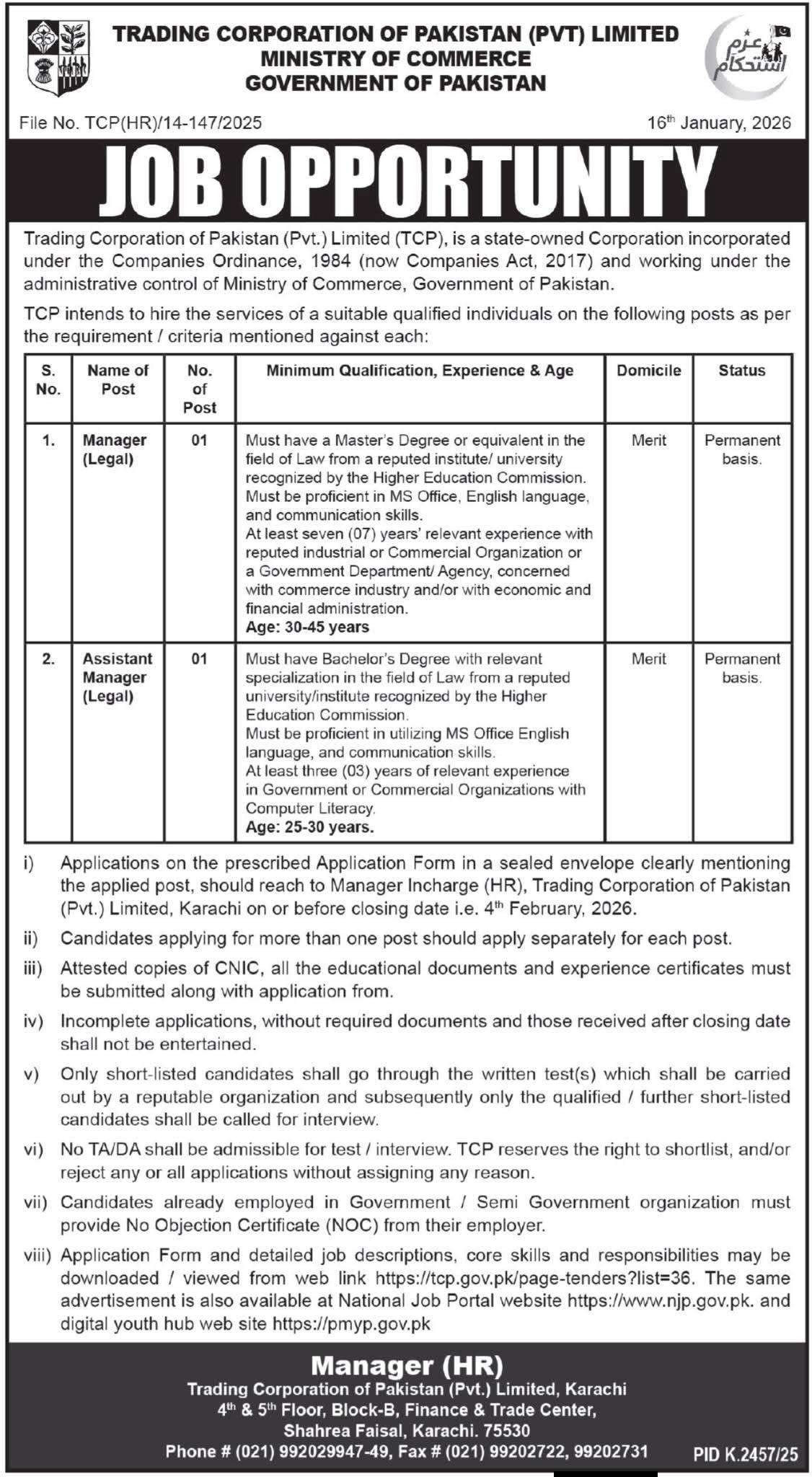 Trading Corporation Pakistan Jobs 2026 legal vacancies official advertisement