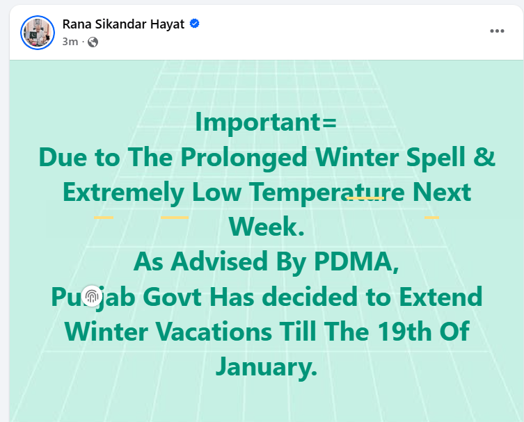 Notification Extension Winter Vacation 2026 in Punjab Schools / Colleges 