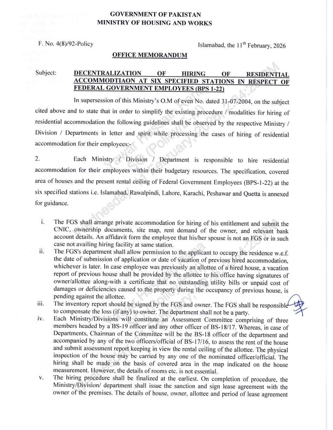 Decentralization Hiring of Residential Accommodation 2026 for Employees of BPS-01 to BPS-22 at Six Specified Stations