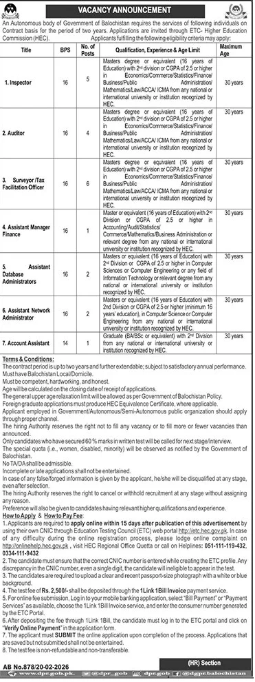 Balochistan Government Contract Jobs advertisement issued by Government of Balochistan through HEC ETC