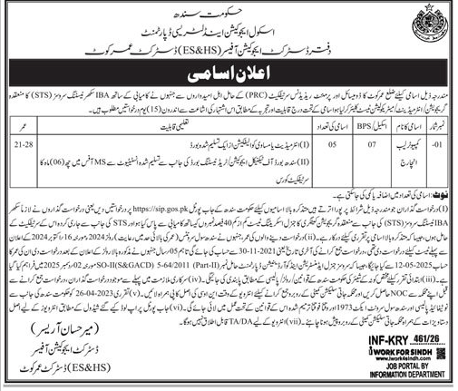 Computer Lab Incharges (BPS-07) Vacancies 2026 in Umerkot Sindh