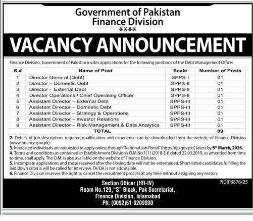 Finance Division Vacancy Pakistan advertisement by Government of Pakistan Finance Division