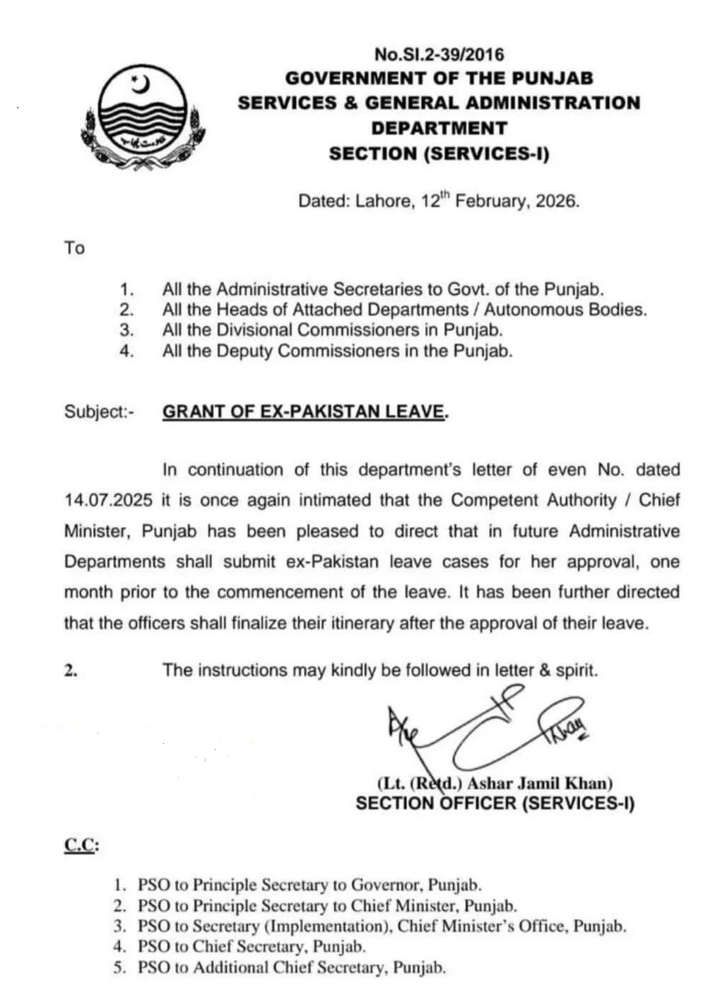 grant of ex-pakistan leave issued by Punjab S&GAD department.