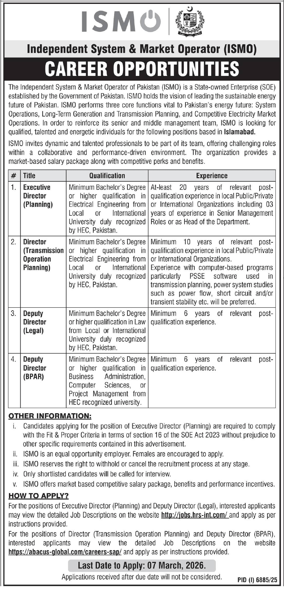 Ismo Jobs In Pakistan advertisement by Independent System & Market Operator