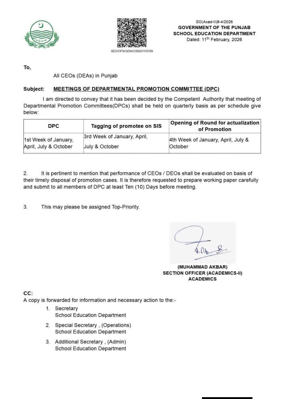 Notification DPC for Promotion after every three Months SED Punjab 2026