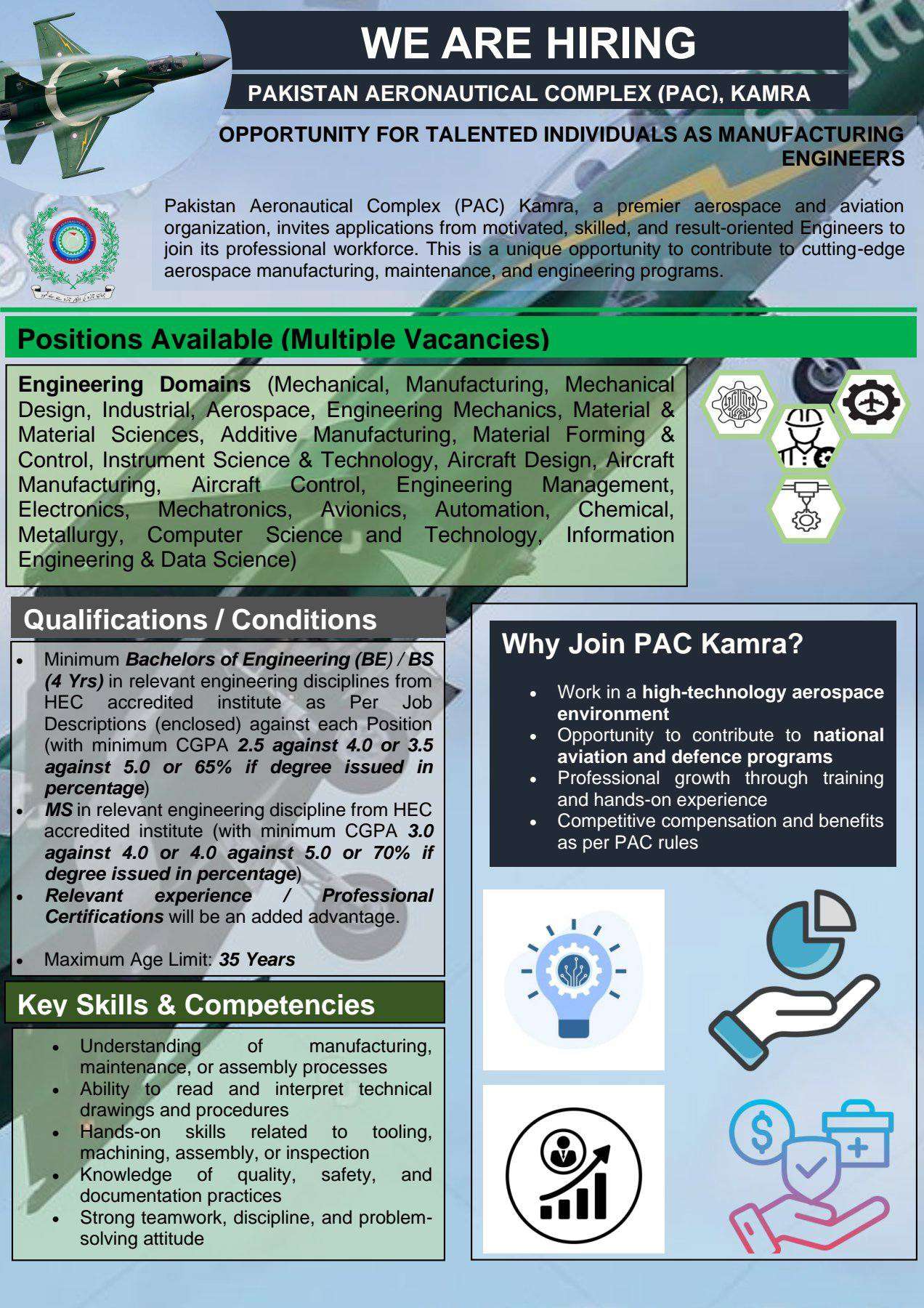 PAC Kamra Engineering Jobs poster showing manufacturing engineers vacancies and aerospace engineering domains at Pakistan Aeronautical Complex Kamra