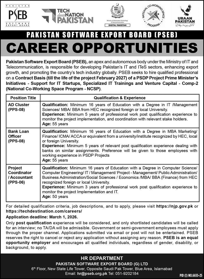 Pakistan Software Export Board PSEB official recruitment advertisement 2026