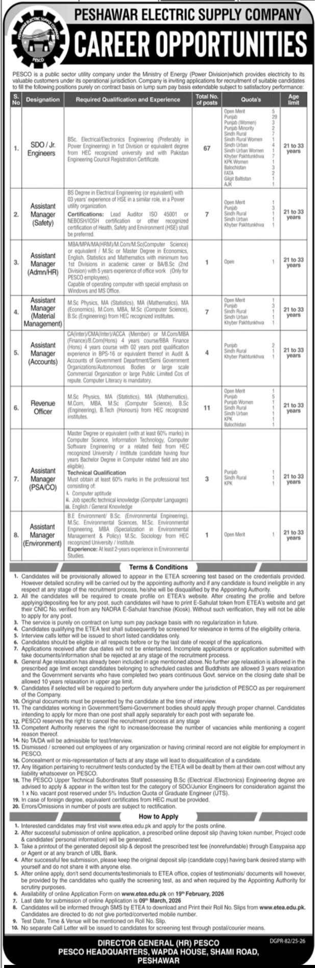 Peshawar Electric Supply Jobs 2026 advertisement by PESCO 