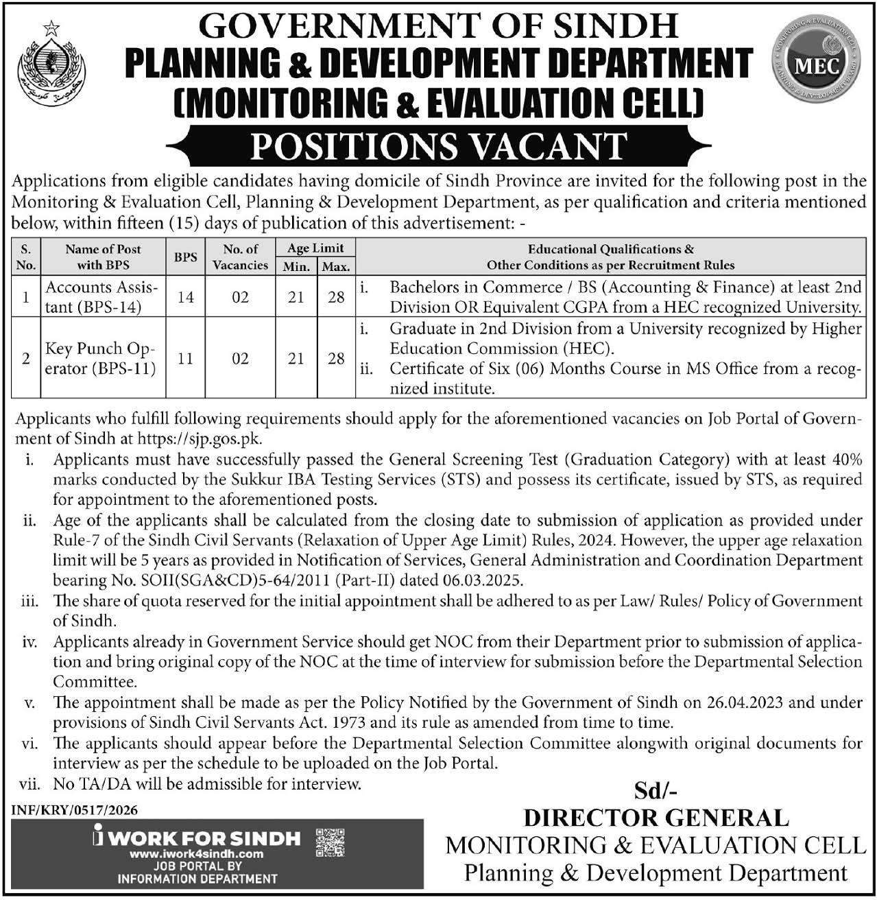 Sindh Planning Department Jobs advertisement by Planning And Development Department Monitoring And Evaluation Cell