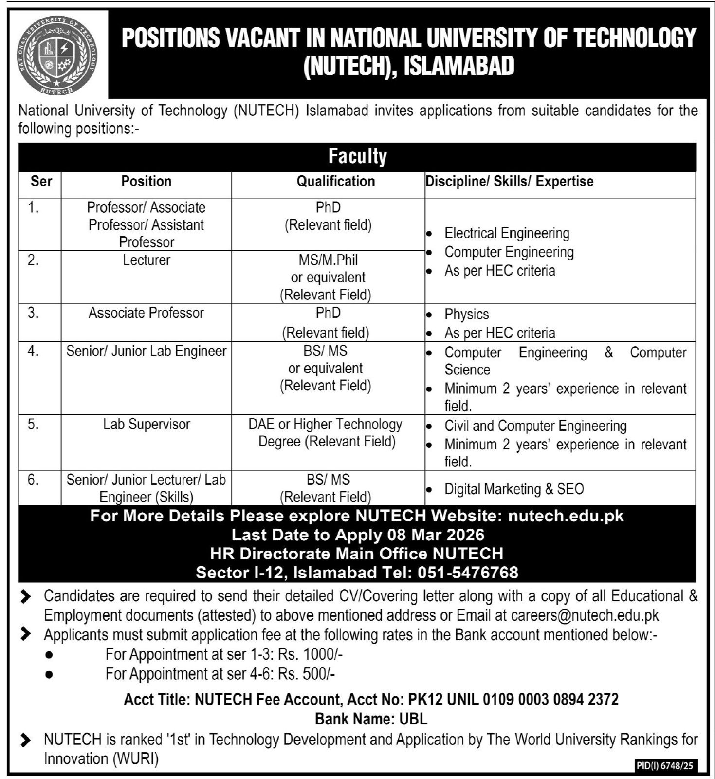 Nutech Islamabad Jobs 2026 advertisement by National University Of Technology Islamabad
