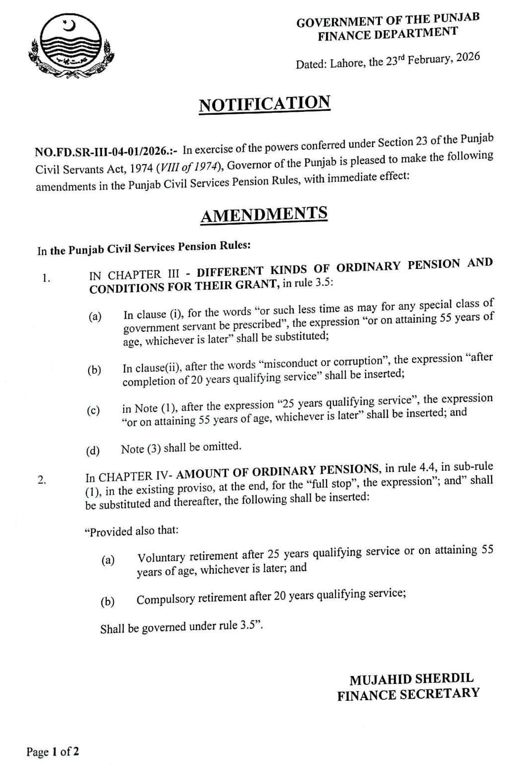 Punjab pension rules amendments notification issued by Government of the Punjab Finance Department dated 23 February 2026