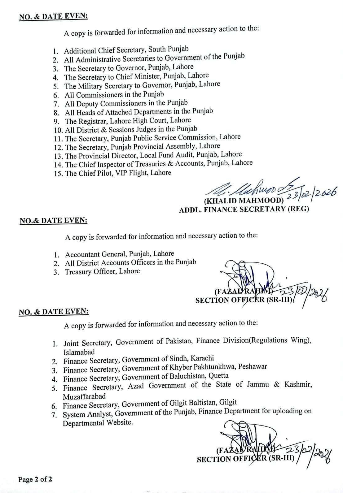 Punjab pension rules amendments notification page 2 showing distribution list and official signatures