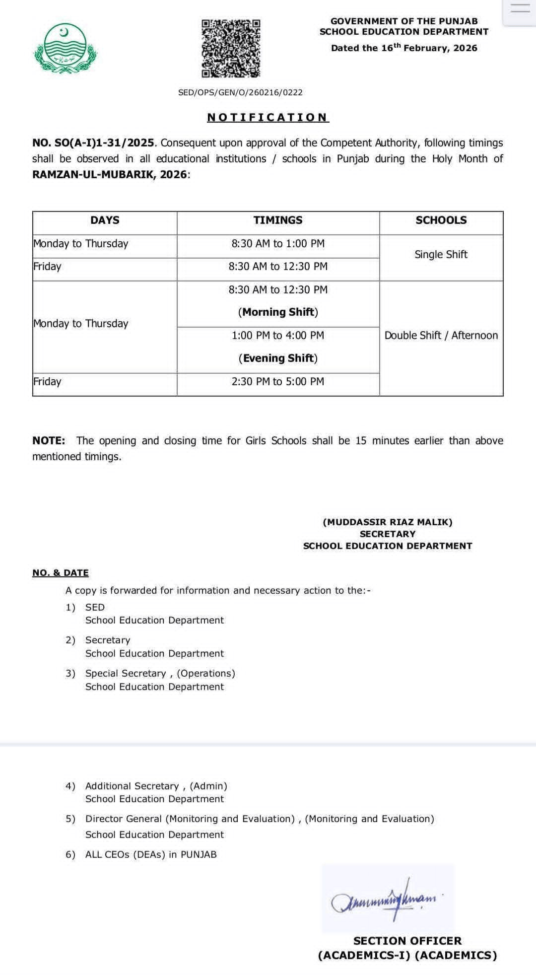 School Timings during Holy Month of Ramzan 2026 Punjab