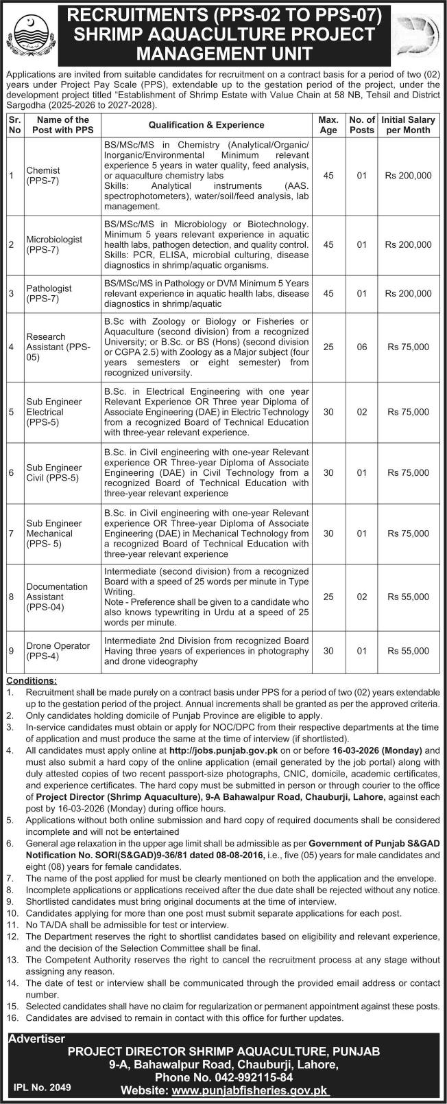 Shrimp Aquaculture Jobs Punjab advertisement for PPS posts 2026
