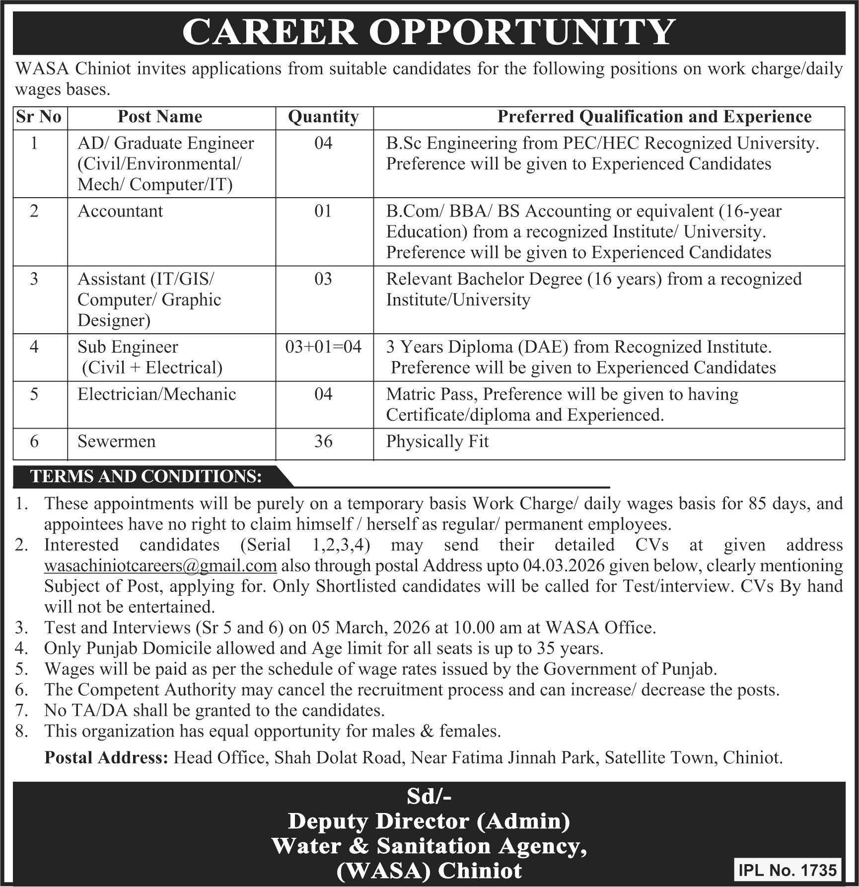 WASA Chiniot Jobs 2026 advertisement showing multiple vacancies