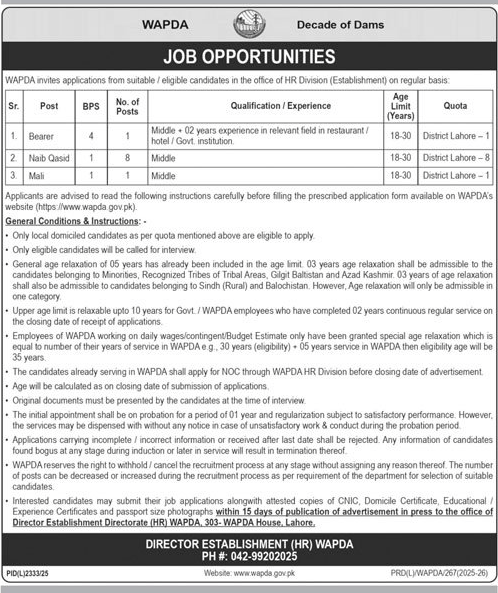 Wapda Jobs Lahore 2026 official advertisement