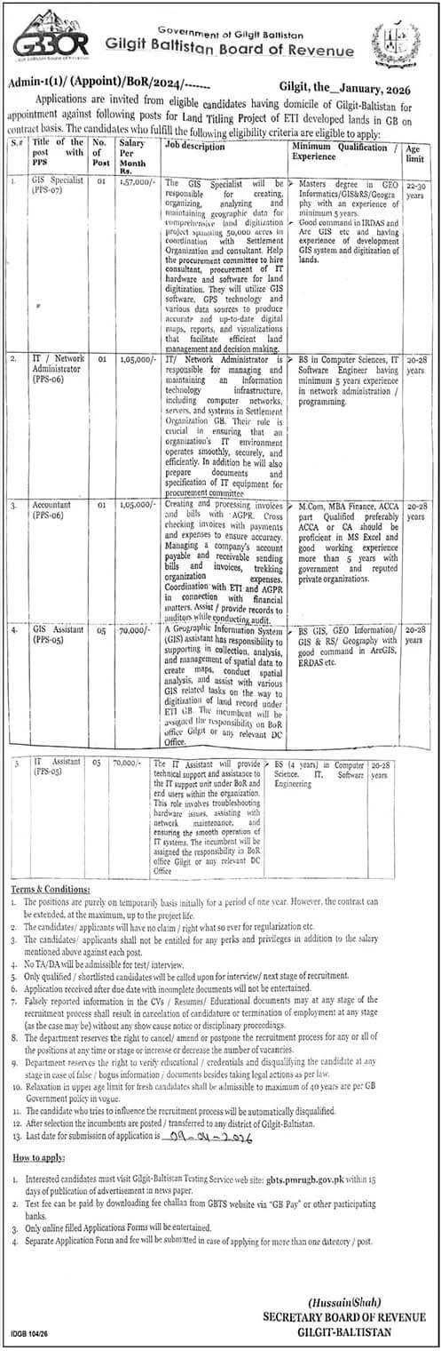 Gilgit Baltistan Jobs 2026 Board of Revenue advertisement image