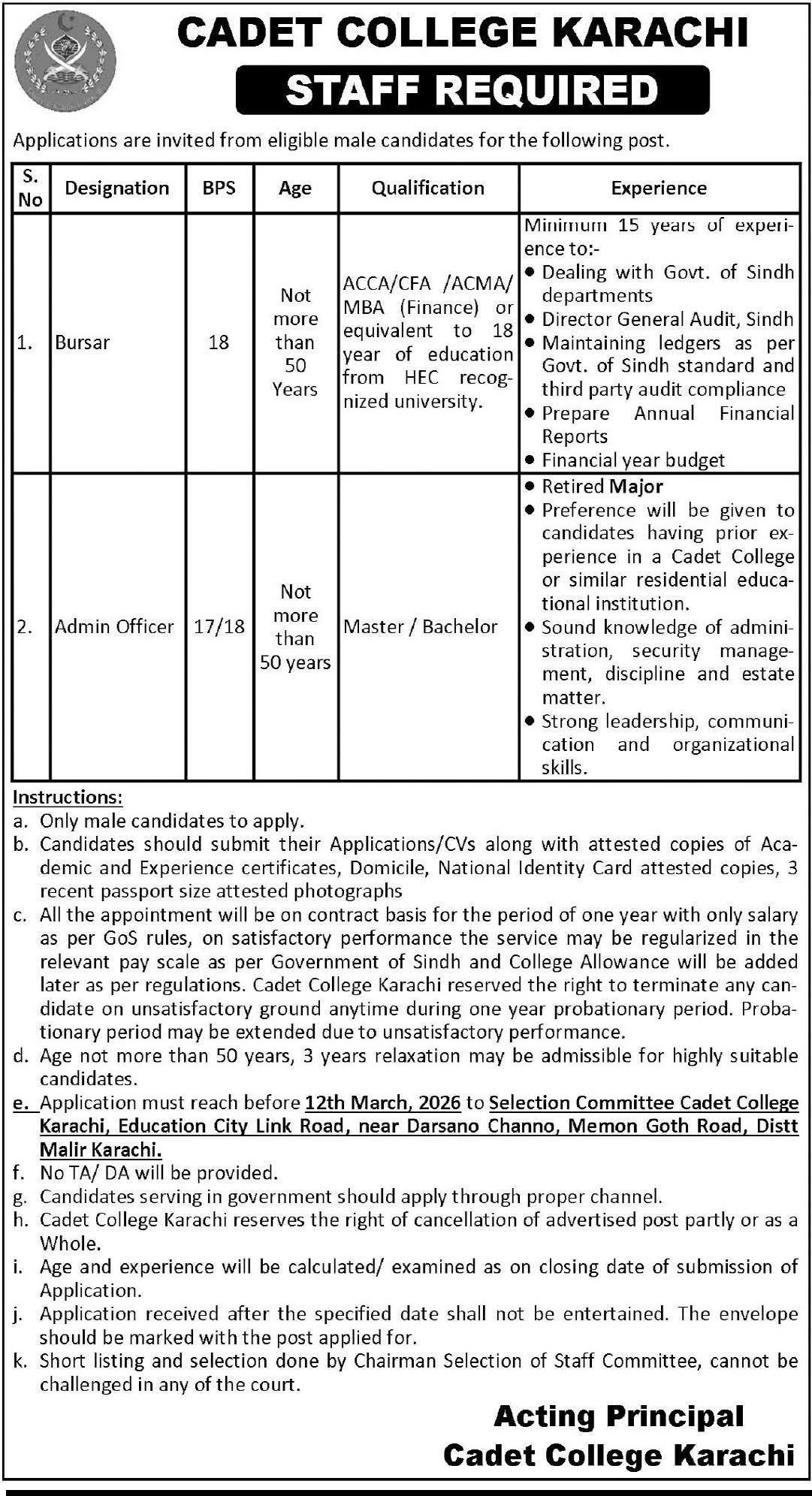 Cadet College Karachi Jobs advertisement showing vacancies for Bursar and Admin Officer