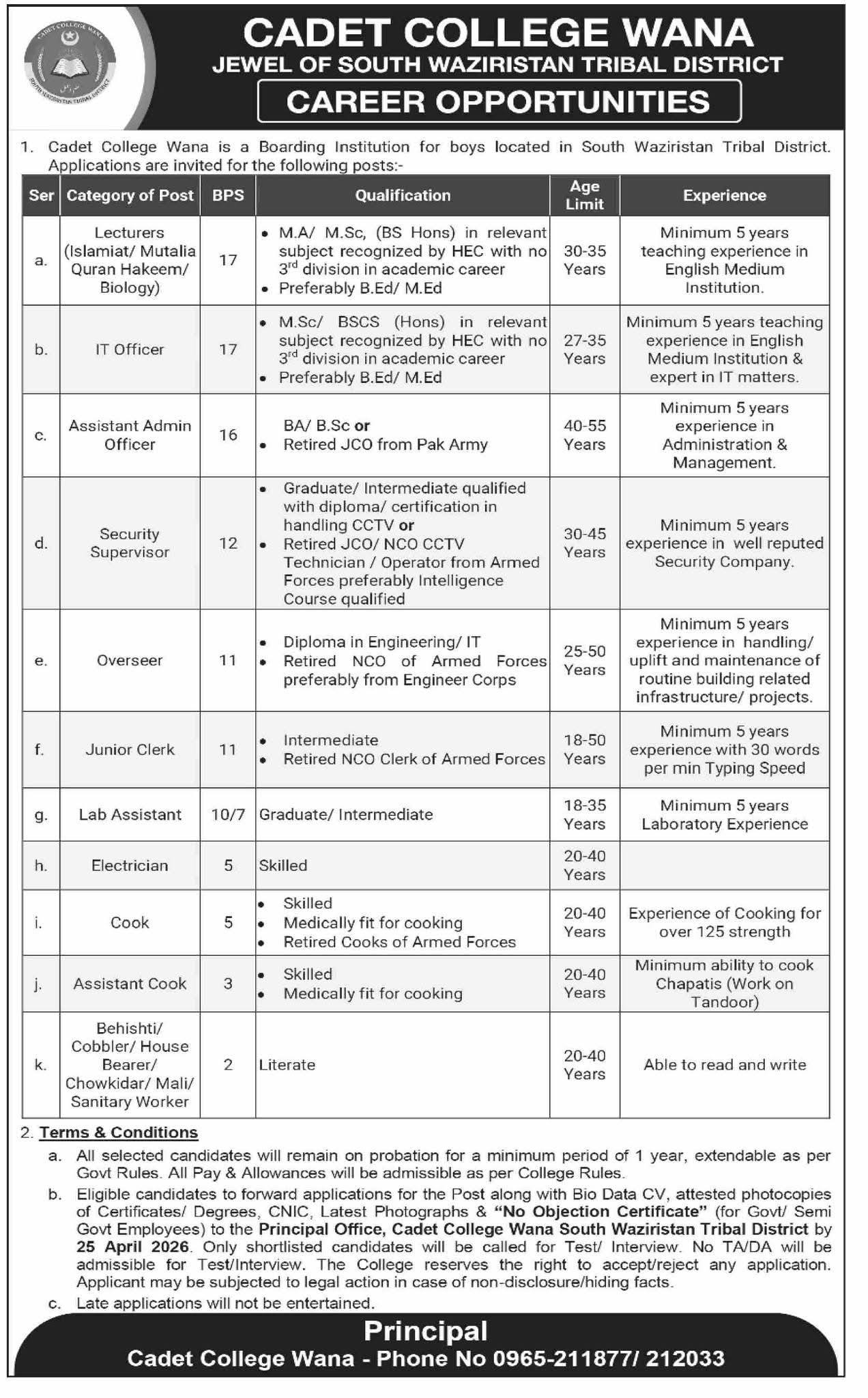 Cadet College Wana Jobs 2026 advertisement 