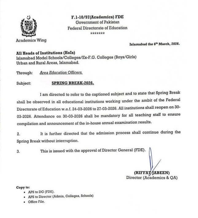 Spring Vacation (Holidays) 2026 FDE Islamabad