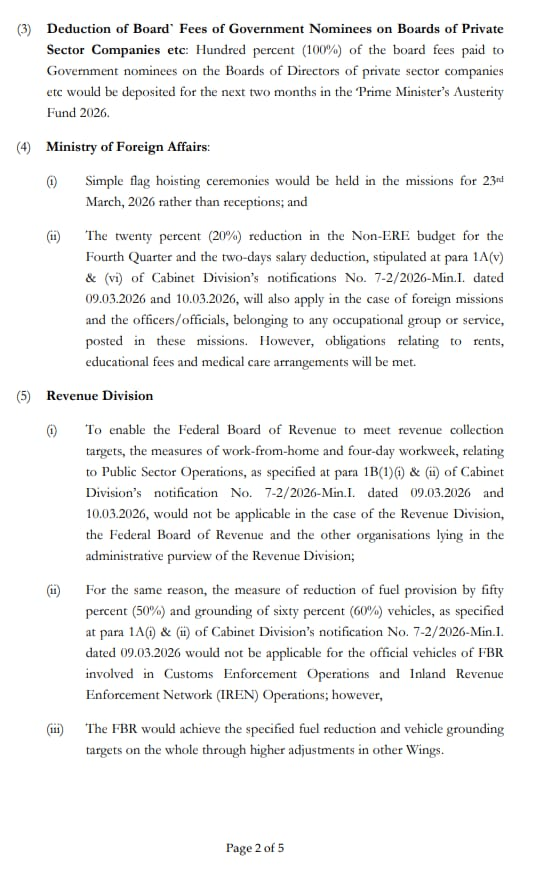 Pakistan government austerity notification showing salary deduction rules for statutory bodies and SOE employees