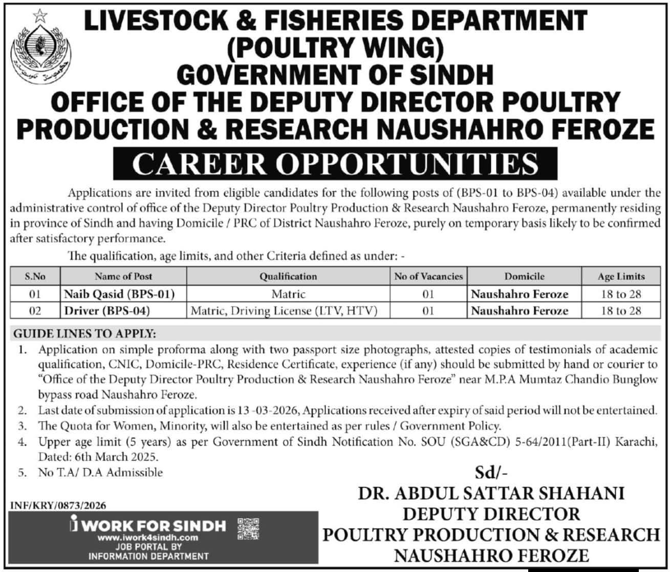 Livestock Fisheries Sindh Jobs 2026 advertisement for Naib Qasid and Driver vacancies