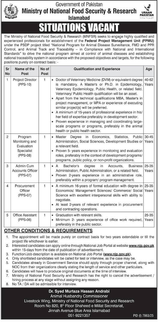 Ministry of National Food Security Jobs 2026 Pakistan MNFSR vacancies advertisement
